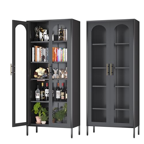 Metal Storage Cabinet, 71" Tall Black Display Curio Glass Storage Cabinet with Glass Doors and 4 Shelves, Storage Cabinet for Kitchen Pantry,Home Office, Living Room (71" Tall Cabinet)
