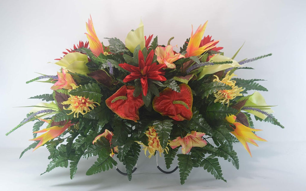 R46 Lily and Mum Cemetery Flower Arrangement Headstone Saddle X391424