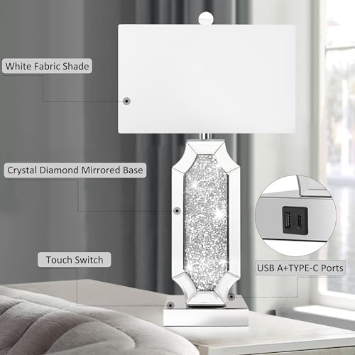 3-Way Dimmable Touch Diamond Crushed Mirrored Bedside Table Lamps Set of 2 with USB Ports Z3687