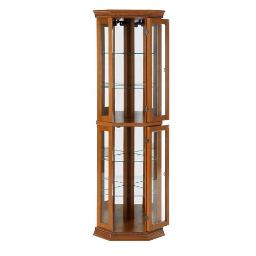Suteck Corner Curio Cabinet with Lights, Tempered Glass Shelves, Cherry I643