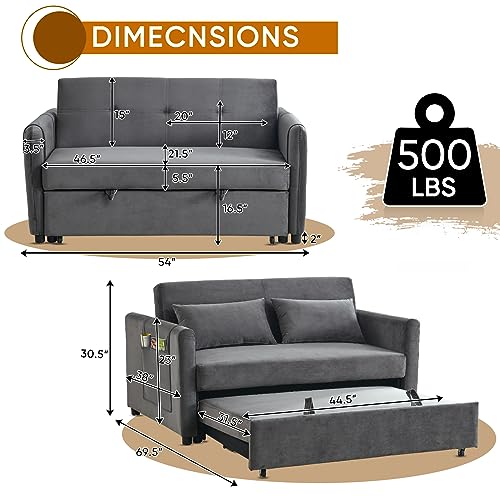 3 in 1 Convertible Sleeper Sofa Bed, Velvet Loveseat Futon with Storage Pockets, Blue B5555