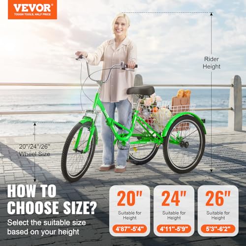 VEVOR Folding Adult Tricycle 24-Inch 3 Wheel Cruiser Bike with Basket, Green Z765777