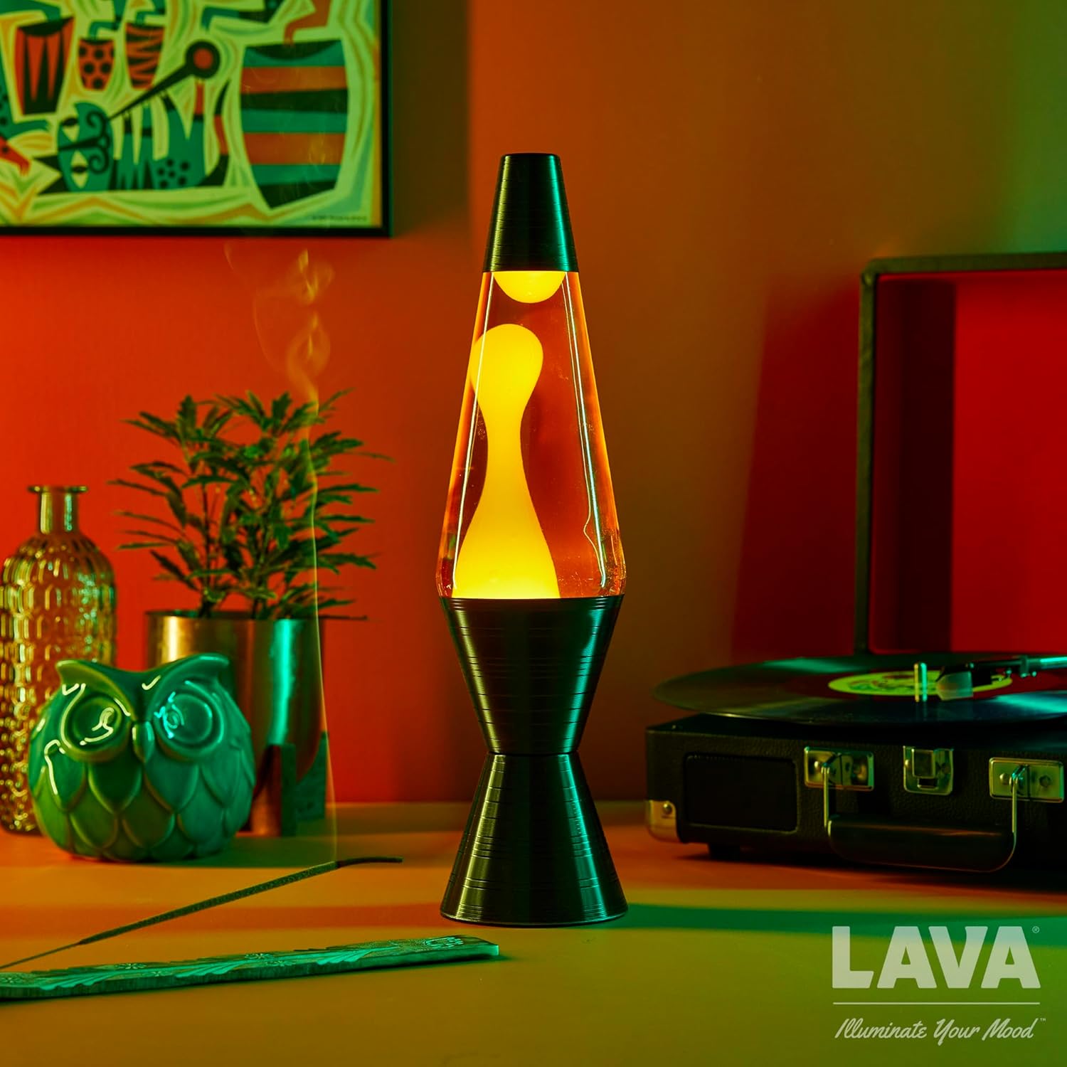 Lava® Lamp 14.5" with Vinyl Record Base, Yellow Wax and Orange Liquid A5208