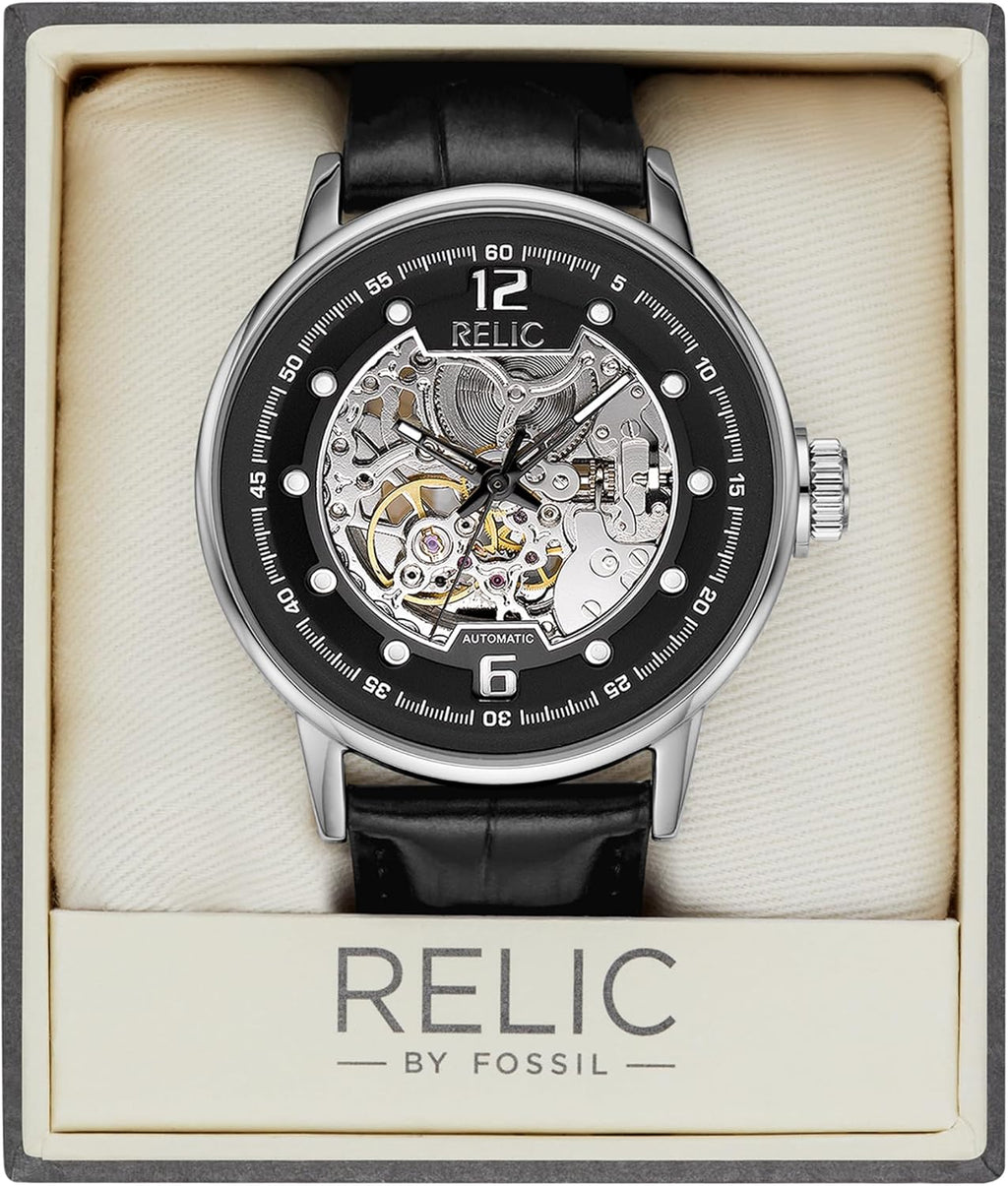 Relic by Fossil Men's Damon Automatic Watch with Silver Steel and Black Leather Band F965