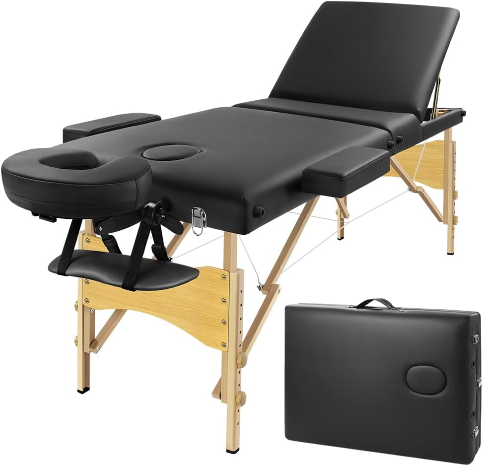 KKTONER Portable Massage Table Massage Bed Spa Bed 3 Fold Folding Carry Case Lash Table Heigh Adjustable Salon Facial Bed Black