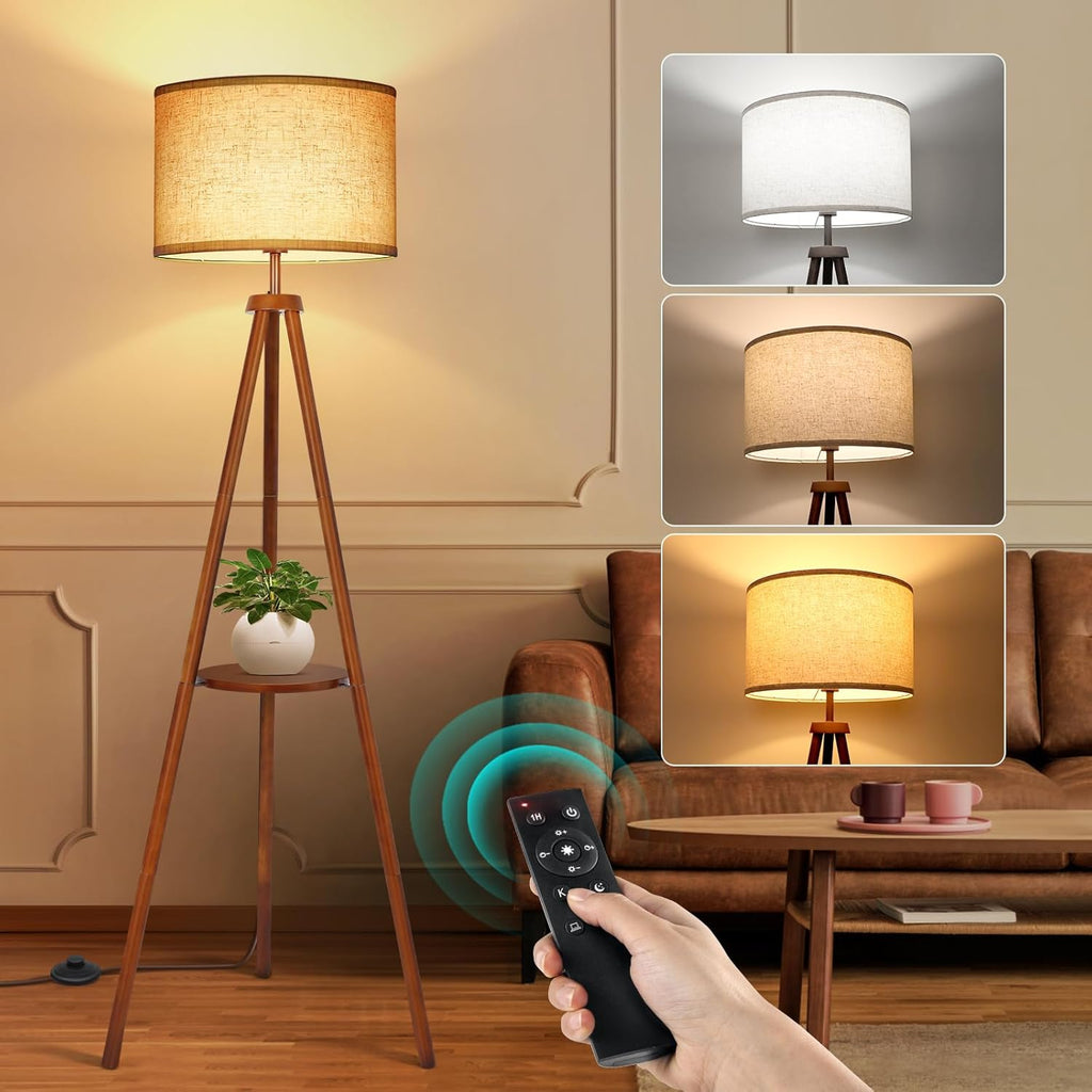 OUTON Wood Tripod Floor Lamp with Shelves, Dimmable LED, Remote Control D46512