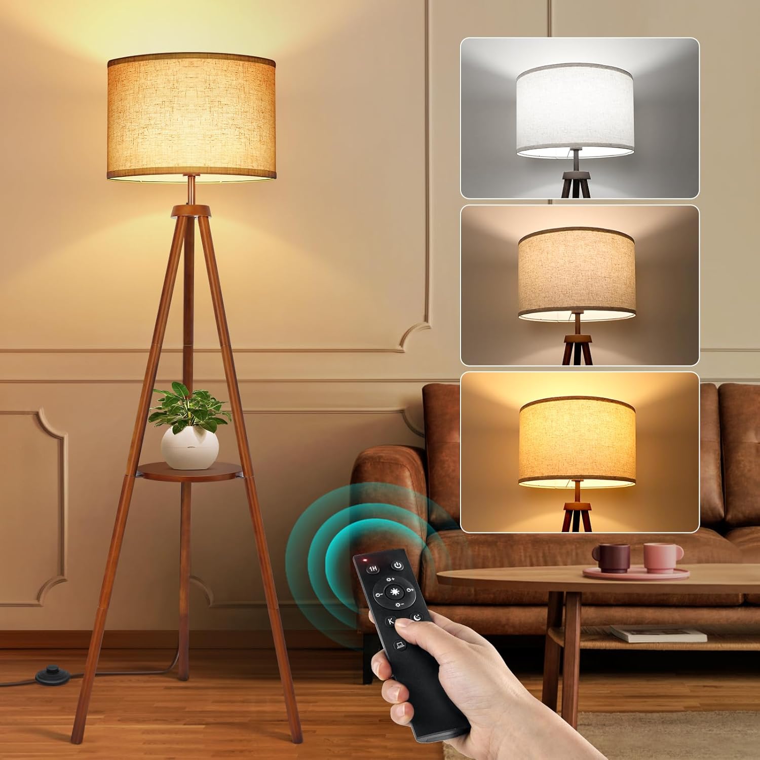 OUTON Wood Tripod Floor Lamp with Shelves, Dimmable LED, Remote Control D46512