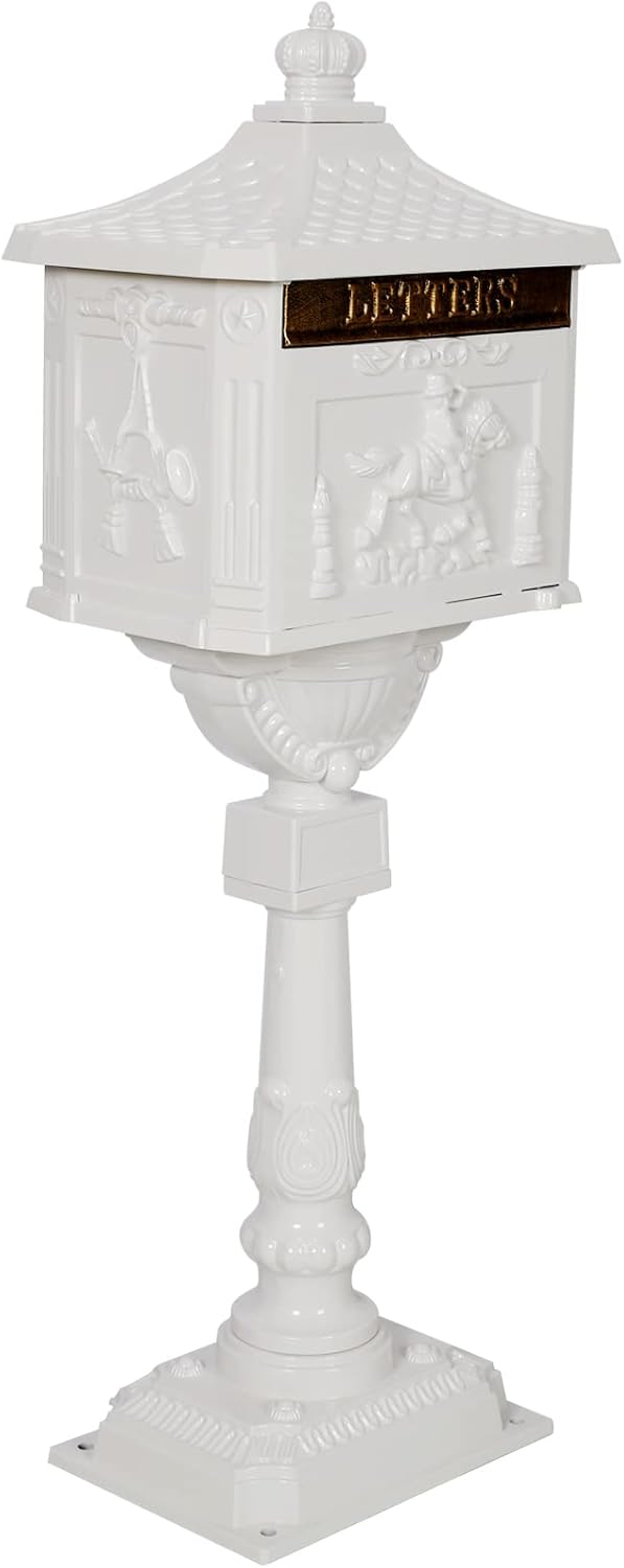 Cast Aluminum Vintage Mailbox with Post, Locking, White L959