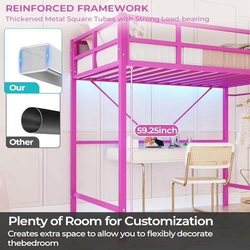 DICTAC Twin Loft Bed with Ladder and Guardrail, LED Lights, White B3802
