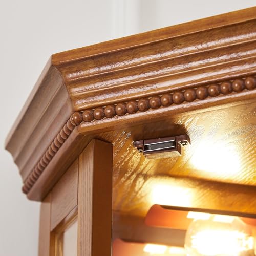 Suteck Corner Curio Cabinet with Lights, Tempered Glass Shelves, Cherry I643