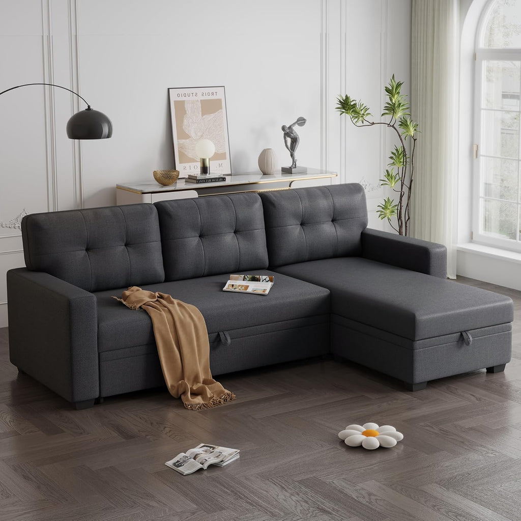 82" Upholstered Pull Out Sofa Bed with Storage Chaise, Dark Gray E40641