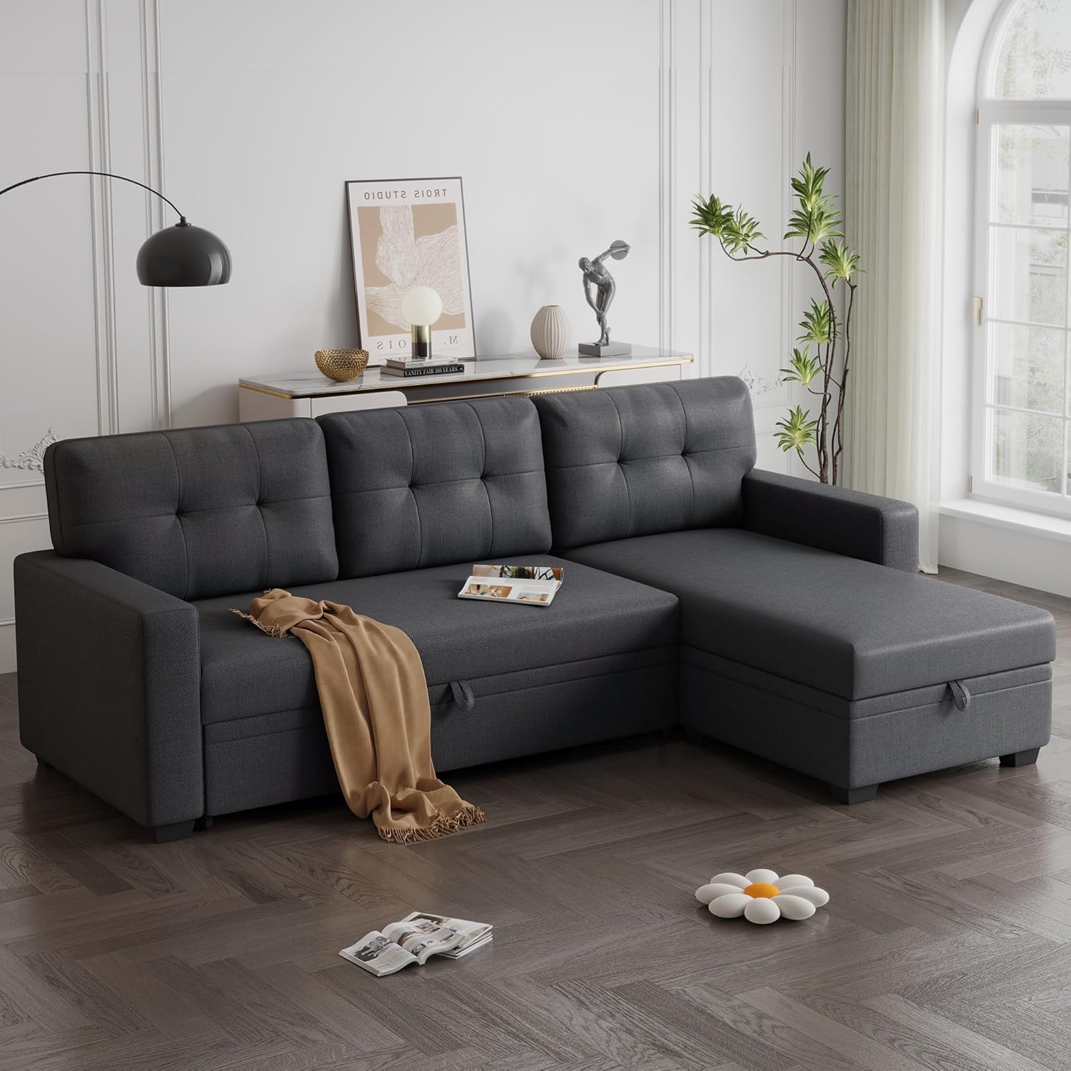 82" Upholstered Pull Out Sofa Bed with Storage Chaise, Dark Gray E40641