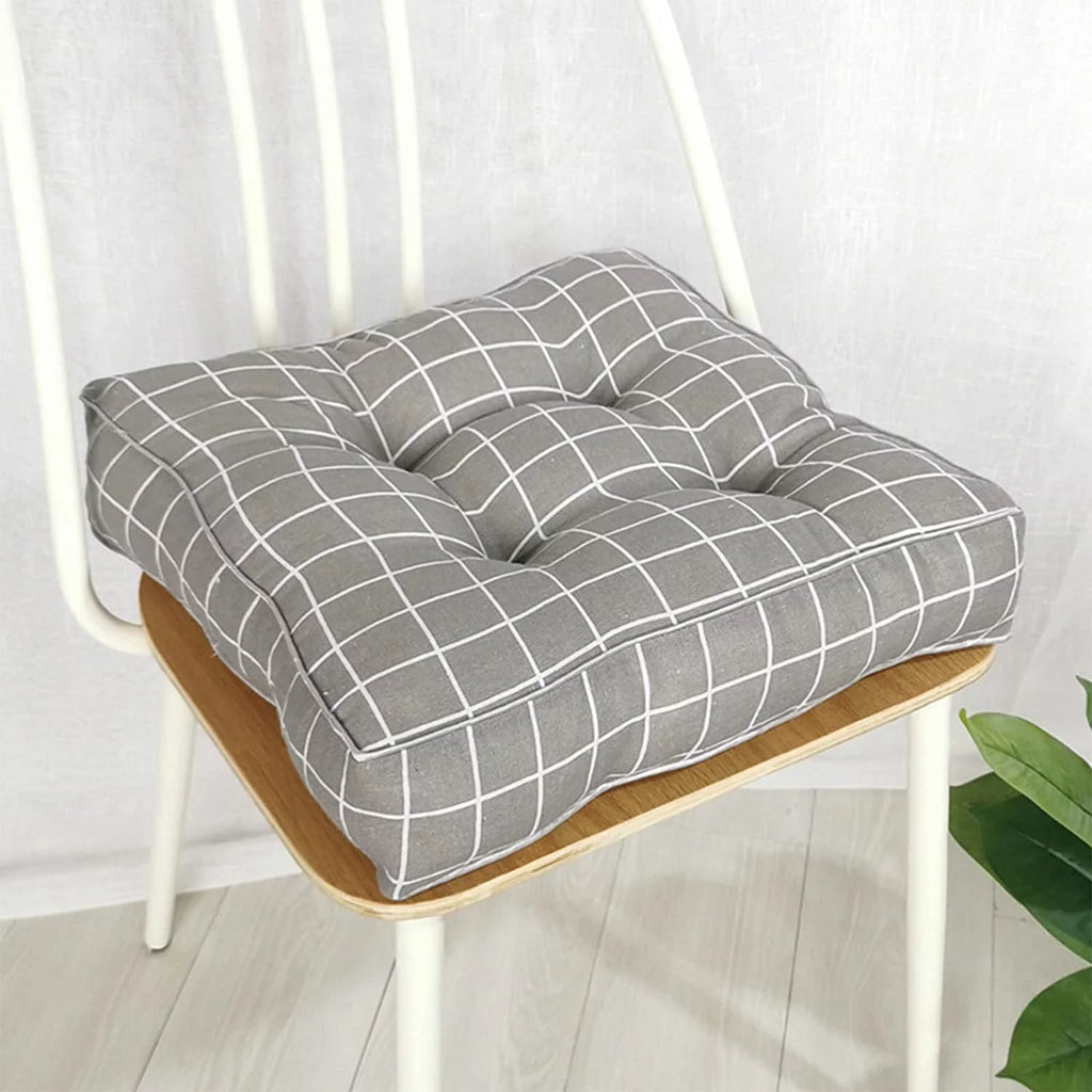 Namzi Square Floor Pillow Tufted Thicken Cushion 16" x 16" Gray Plaid G3006