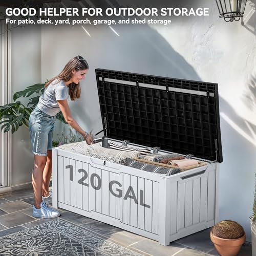 YITAHOME Outdoor Storage Box with Cushion, 120 Gallon, Lockable, Light Brown O374