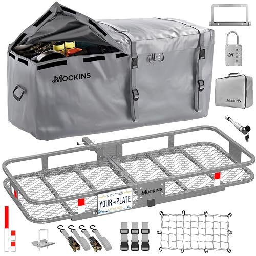 Mockins 60"x20"x6" Folding Trailer Hitch Cargo Carrier w/ 20 Cu.Ft. Waterproof Cargo Bag for Hitch Carrier | 500 Lbs. Capacity Weatherproof Luggage Rack for SUV Car & Truck w/Car Trailer Accessories