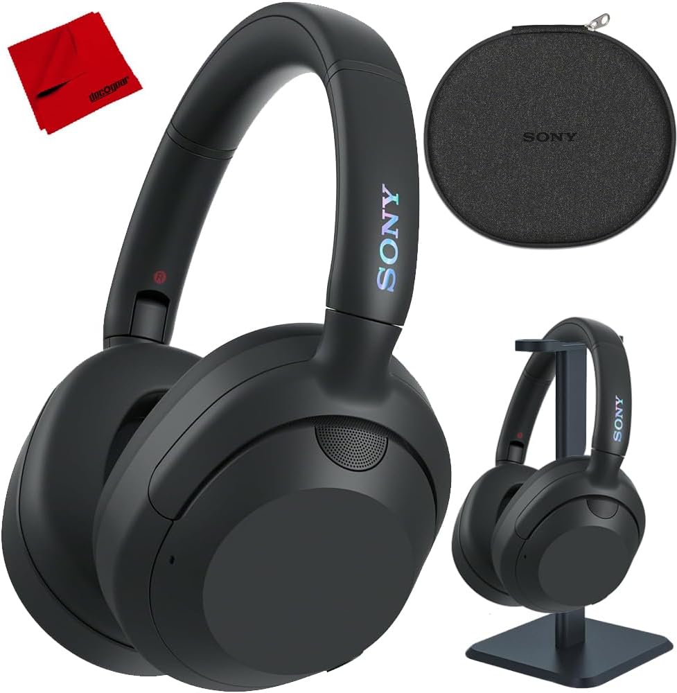 Sony ULT WEAR Noise Canceling Wireless Headphones with Alexa Built-in, Massive Bass Comfortable Design, Black WHULT900N/B Bundle with Pro Audio Headphone Stand + Microfiber Cloth