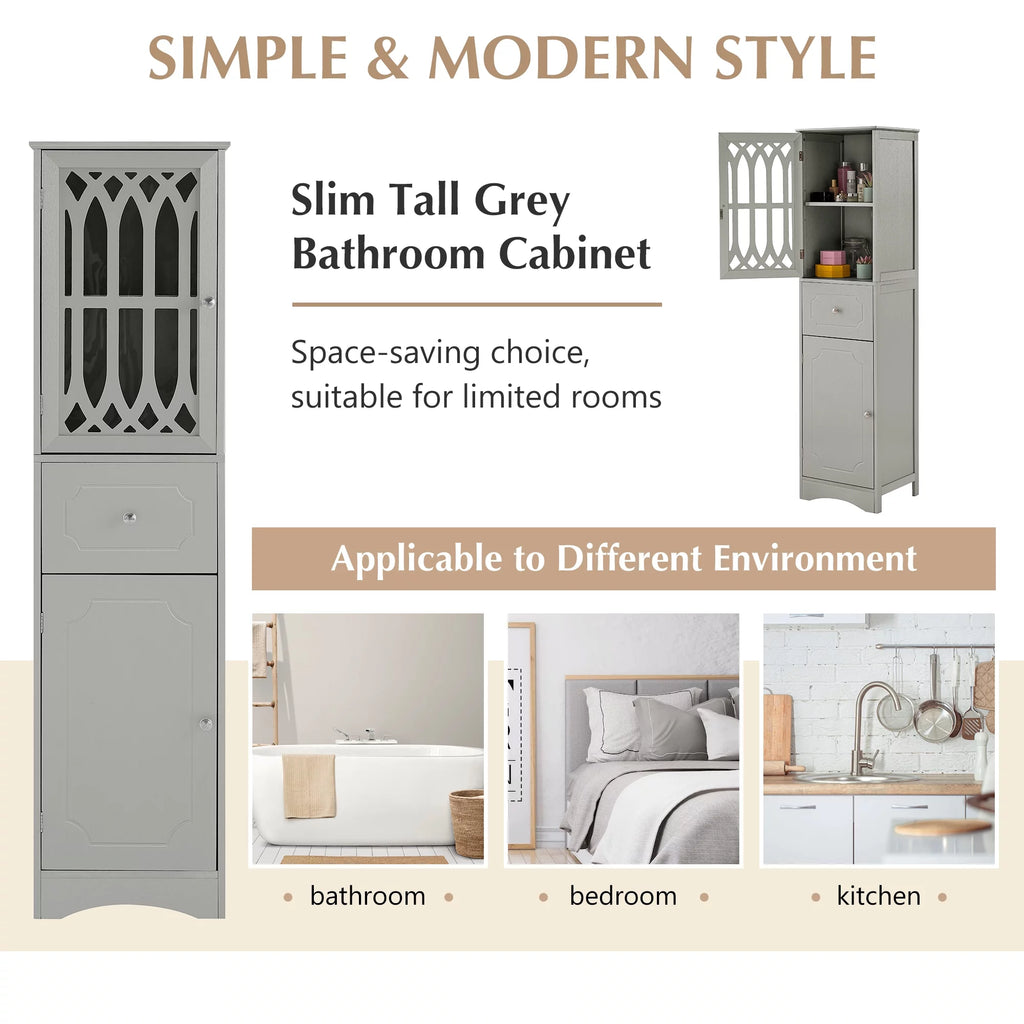 Modern Tall Bathroom Storage Cabinet with Doors and Drawers V259093