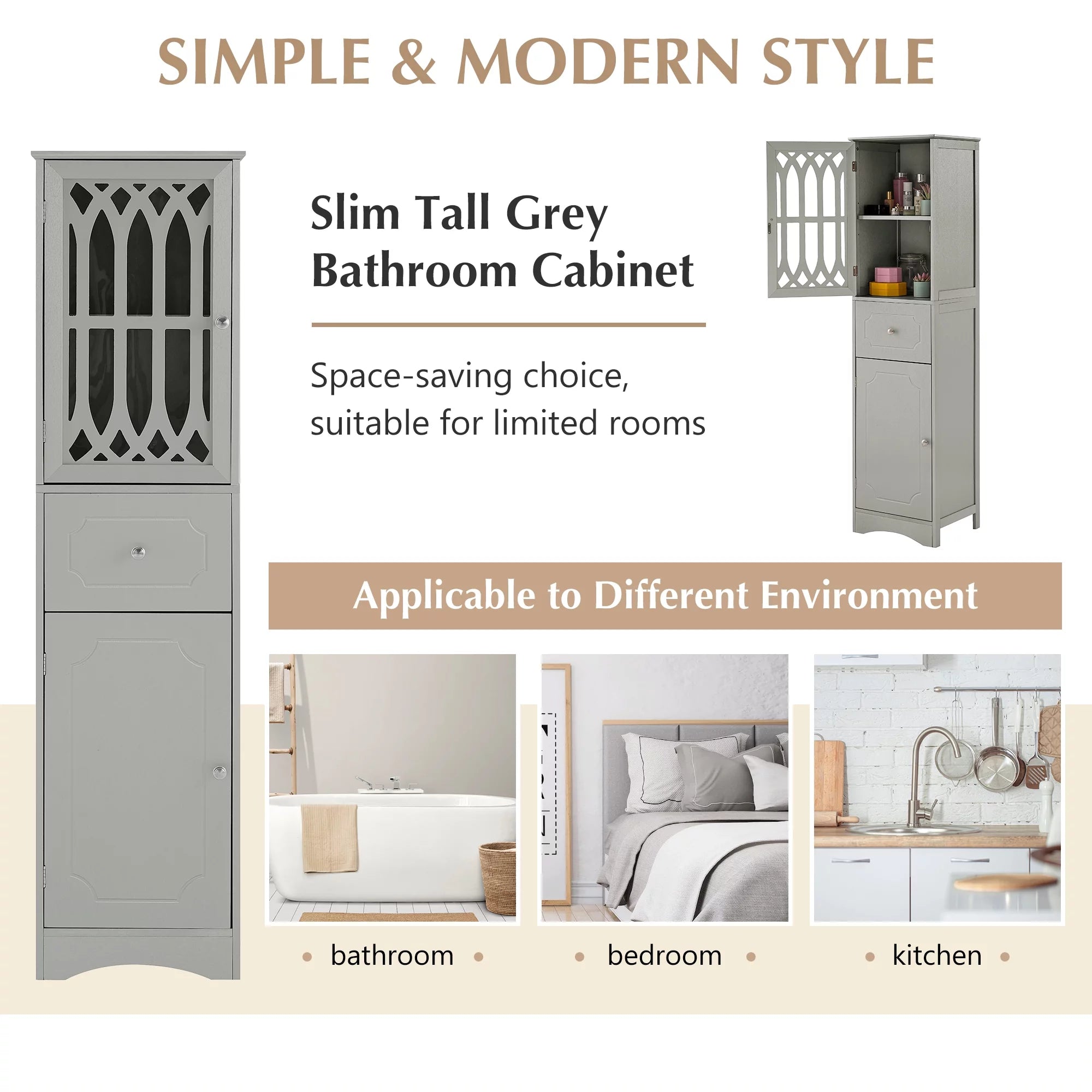 Modern Tall Bathroom Storage Cabinet with Doors and Drawers V259093