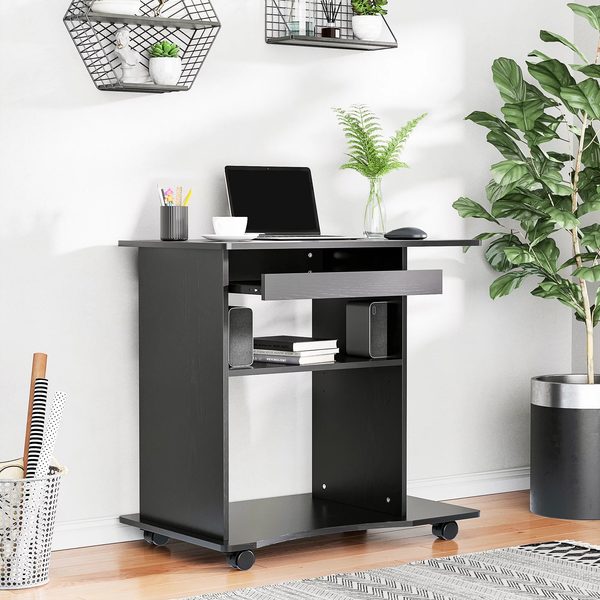 HOMCOM Computer Desk Cart, Mobile Office Workstation with Keyboard Tray, Black S416001