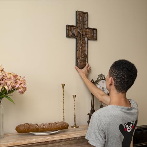 BGCOPPER Crucifix Wall Cross Handmade Wooden with Hook, Christian Wall Art, 14 Inch L40287