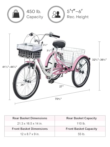 Viribus Adult Tricycle 7 Speed 3 Wheel Bike with Removable Baskets, 400lb Capacity, 24 26 inch F201
