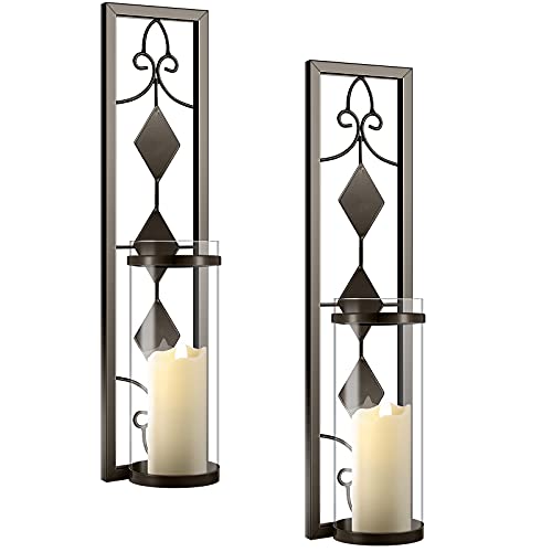 2 Set Wall Sconces Candle Holders Metal Wall Decorations Antique-Style Metal Sconces with Battery Operated Candles for Living Room, Bathroom, Dining Room, Patio or Office (Coffee)