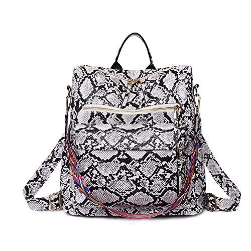 Women's Snake Print Backpack Snakeskin Purse Handbag Shoulder Bag Casual Multipurpose Tote Travel Rucksack (Grey)