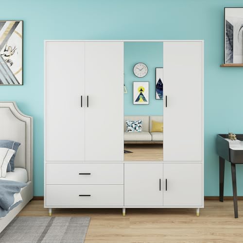 Wood Armoire Wardrobe Closet with 4 Doors and Mirror, White I299203
