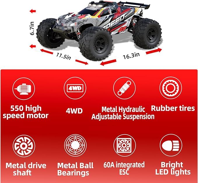 Fast Remote Control Car 4x4 All Terrain RC Truck 1:10 4WD Off Road with Headlights M11416