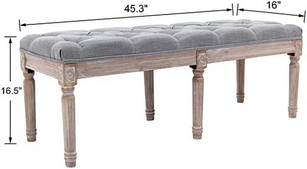 Grey Fabric Entryway Bench with Button Tufted Seat and Wood Legs G1644