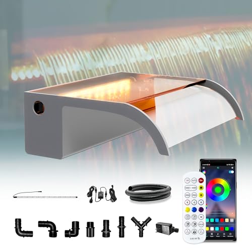 Waterfall Pool Fountain, LONGRUN Waterfall Spillway for Koi Ponds - 23.6" Transparent Acrylic Waterfall with APP Control & Multi-Color LED Lights for Swimming Pool, Garden Pond, Patios, Spa Decoration