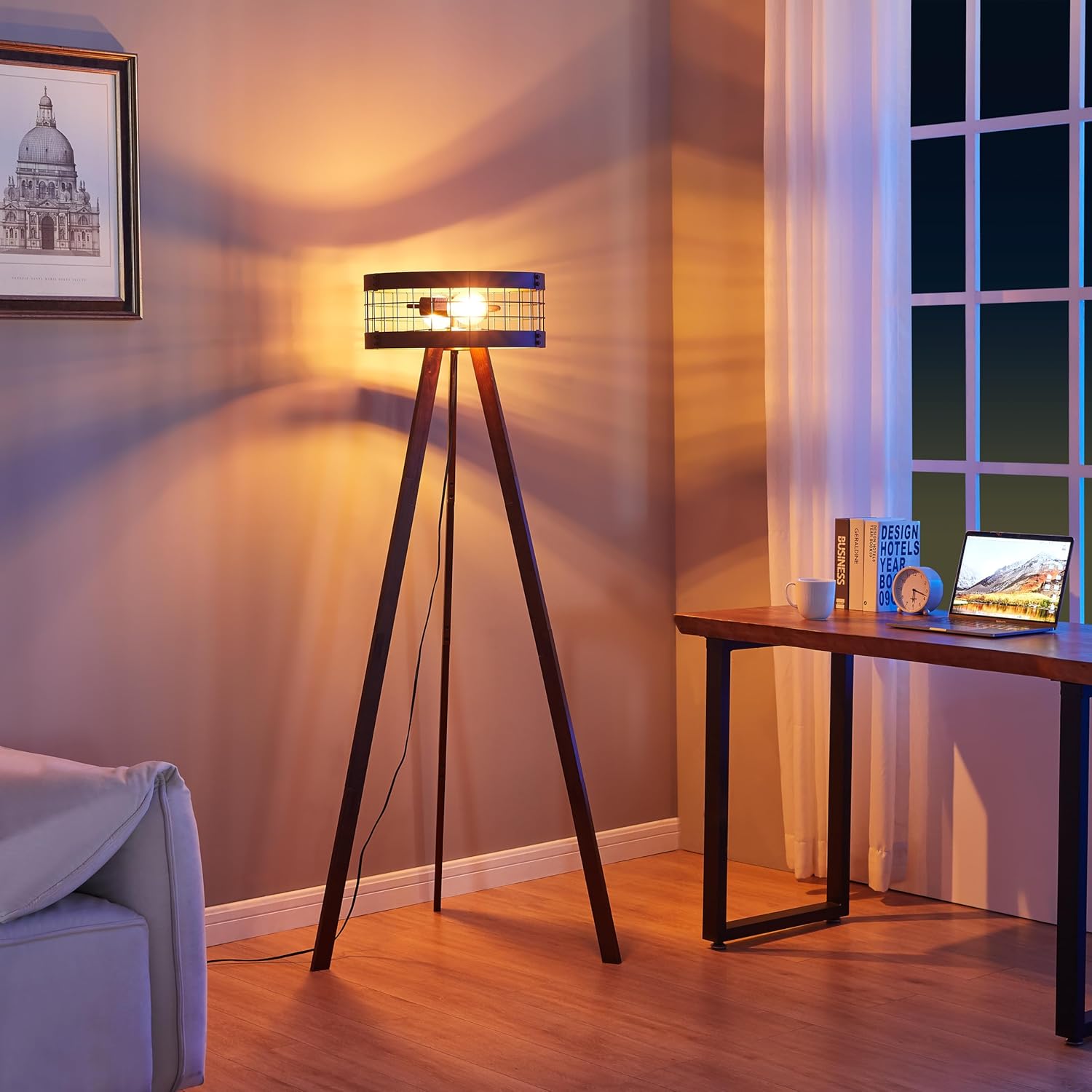 Wood Tripod Floor Lamp with Metal Drum Shade, E26 Base U2299