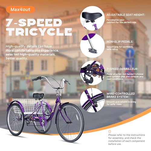 Adult Tricycle with Large Basket 24/26 Inch, 7-Speed 3-Wheel Bike I7207