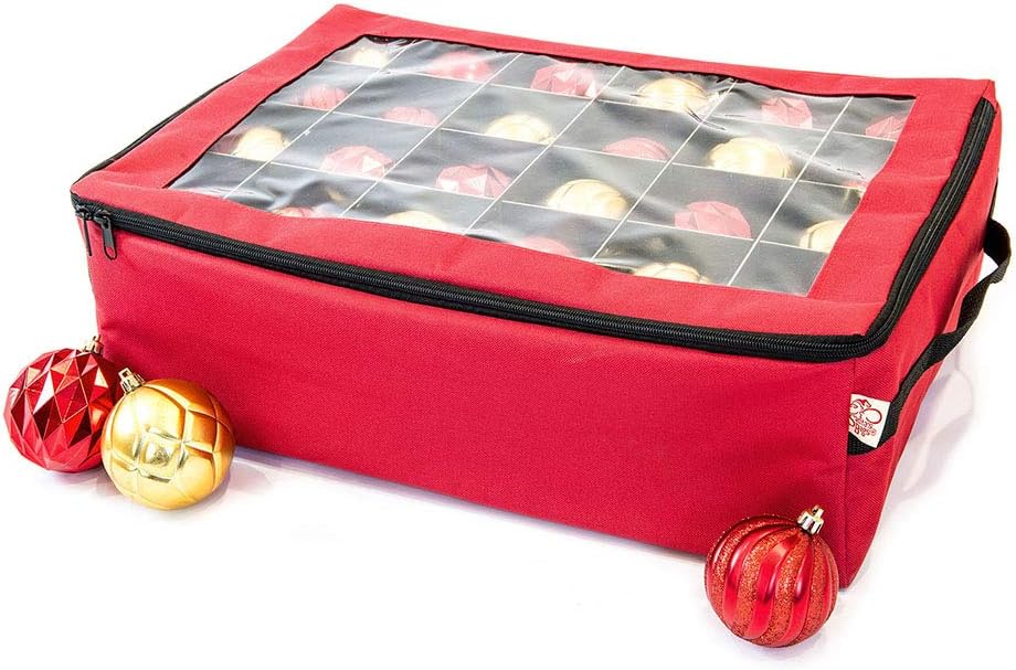 [Red Christmas Ornament Storage Box With Dividers] - (Holds 48 Ornaments up to 3 Inches in Diameter) | Acid-Free Removable Trays with Separators | Clear Window to Easily See Storage Bags Contents