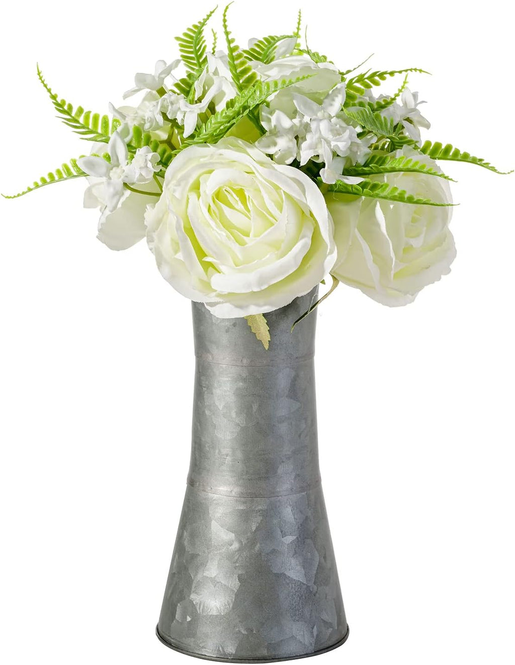 MyGift 8 Inch Rustic Galvanized Metal Decorative Flower Vase with Faux Floral Bouquet, Farmhouse Decor Tabletop Centerpiece includes Artificial White Roses