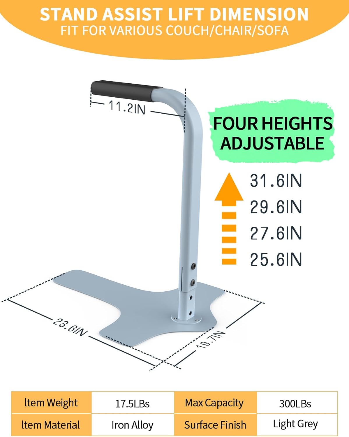 Couch Stand Assist for Elderly, 4 Heights Adjustable, Light Grey, 300LBs Capacity X283