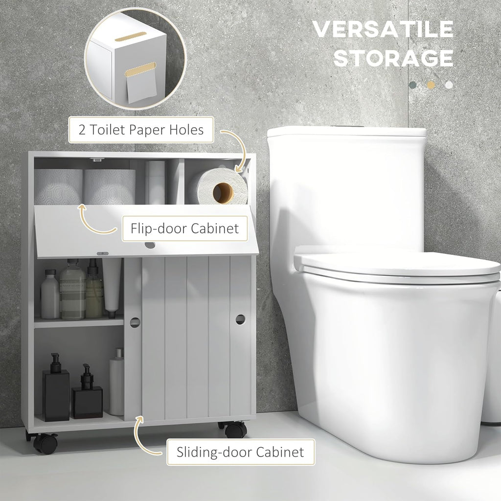 kleankin Toilet Paper Cabinet, Slim Bathroom Storage with Rolling Wheels, White K6711