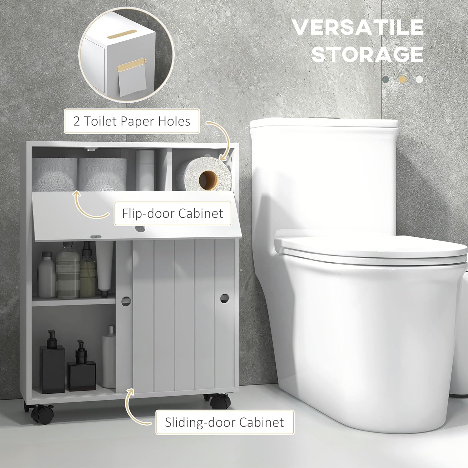 kleankin Toilet Paper Cabinet, Slim Bathroom Storage with Rolling Wheels, White K6711