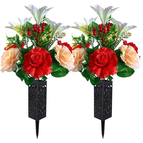 Cemetery Headstone Flower Saddle -Outdoor Grave Decorations ，Mixed Saddle of Artificial Silk Rose and Lily for Tombstones (Red+White Lily, Saddle)