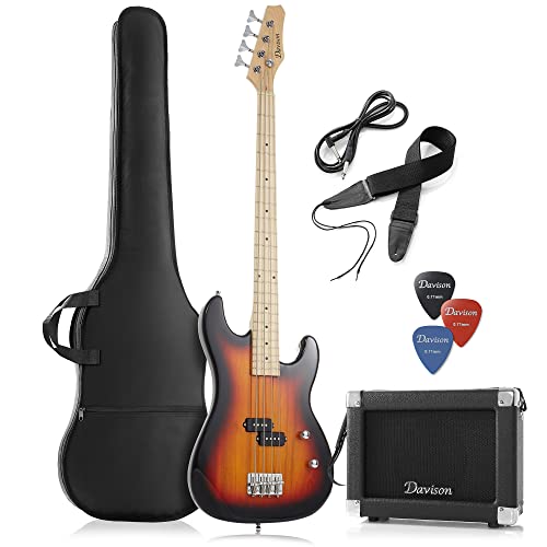 Full Size Electric Bass Guitar with 15-Watt Amp, Blue - 4 String Right Handed Beginner Kit with Gig Bag and Accessories