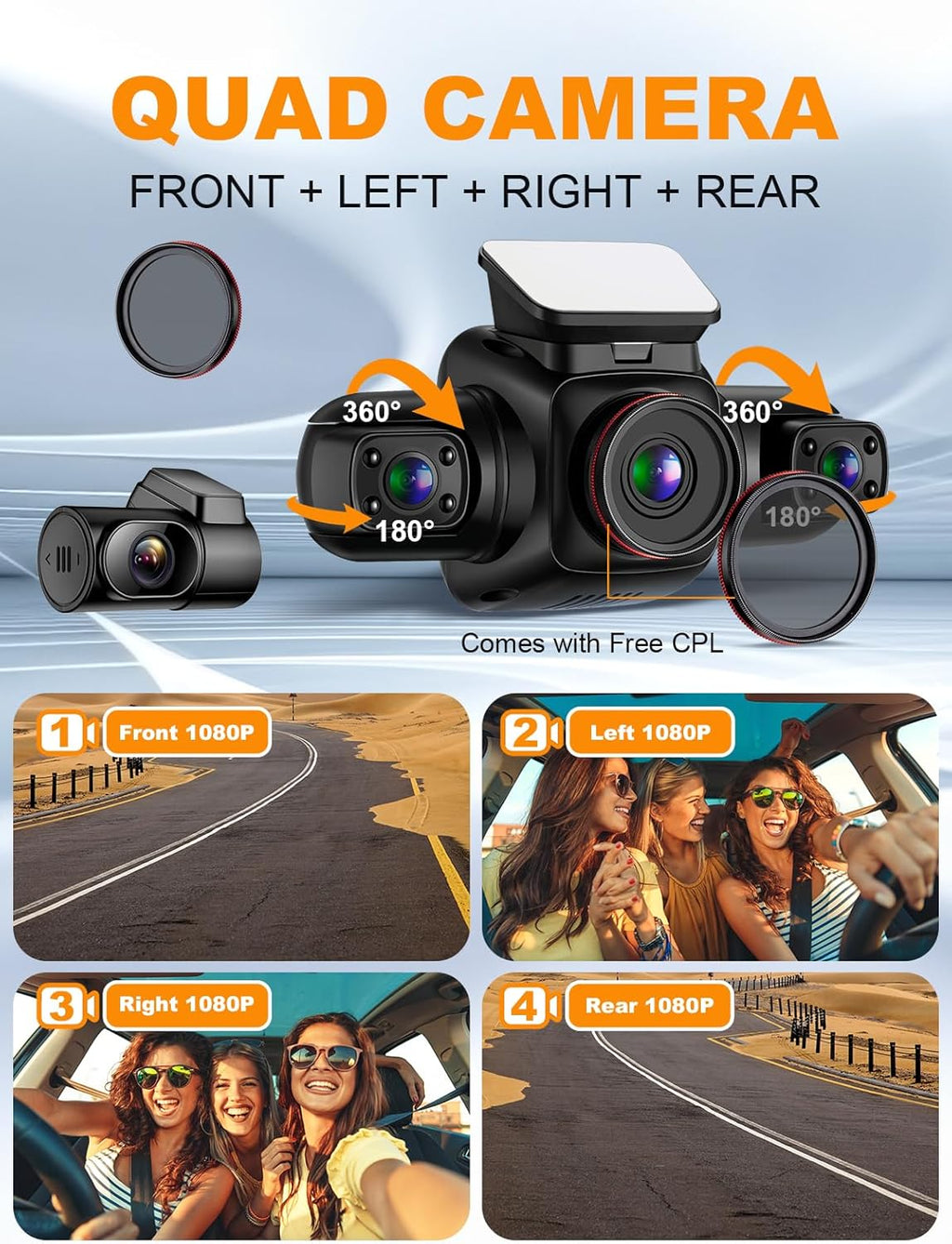 PRUVEEO 4 Channel Dash Cam Front Rear Inside Left Right with CPL, GPS, WiFi, Night Vision, 24/7 Parking Mode B549