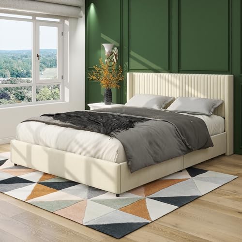 Queen Size Linen Upholstered Platform Bed Frame with Storage Drawers and Wingback Headboard, Grey W473