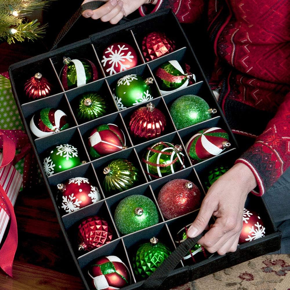 Red Christmas Ornament Storage Box with Dividers, Holds 48 Ornaments B671075