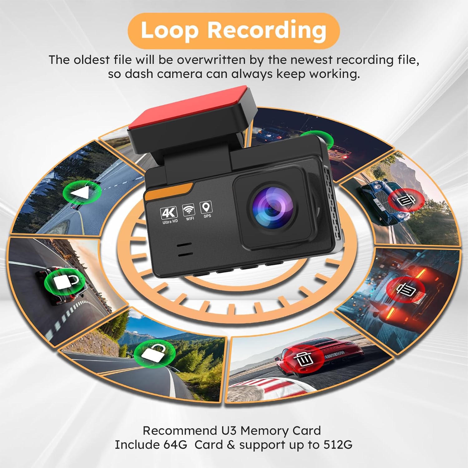 4K Dash Cam Front and Rear with WiFi and GPS, Night Vision, G-Sensor W16914