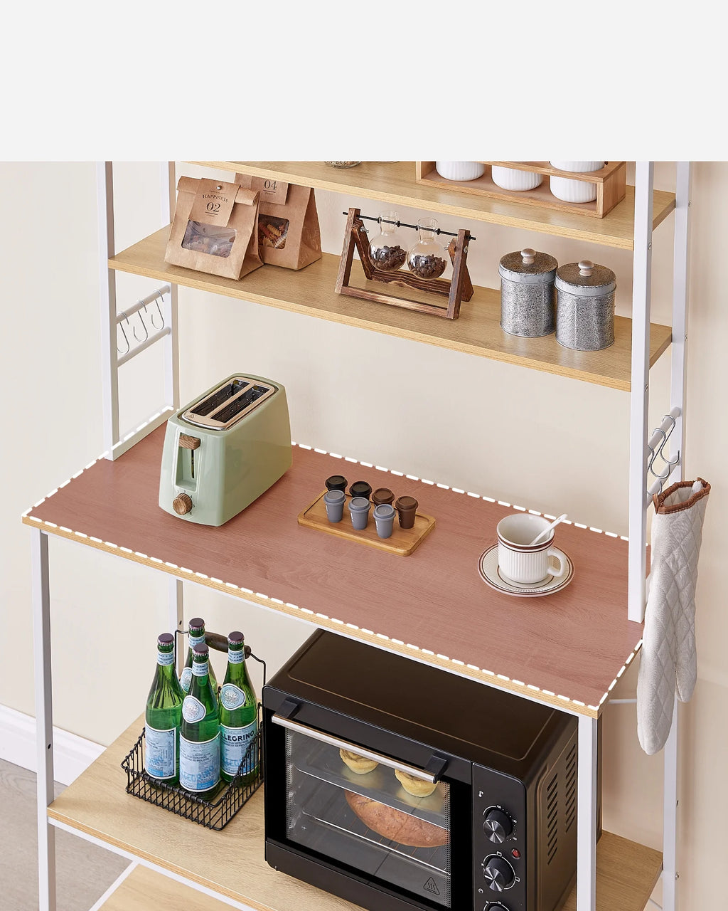VASAGLE Coffee Bar Kitchen Baker’s Rack with Storage Shelf and 6 Hooks, Oak and White X692914