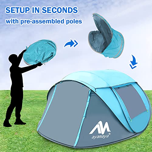 4 Person Pop Up Tent for Camping - AYAMAYA Waterproof Instant Family Tent with Skylight and Removable Rainfly I990