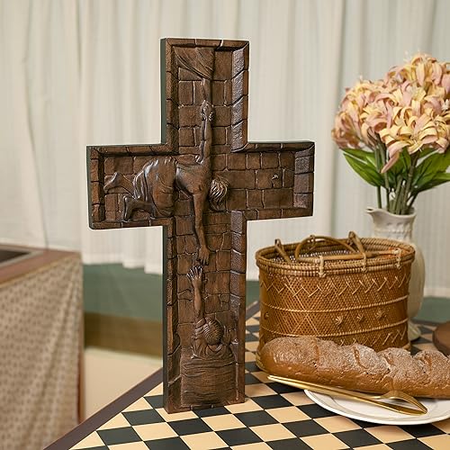 BGCOPPER Crucifix Wall Cross Handmade Wooden with Hook, Christian Wall Art, 14 Inch L40287