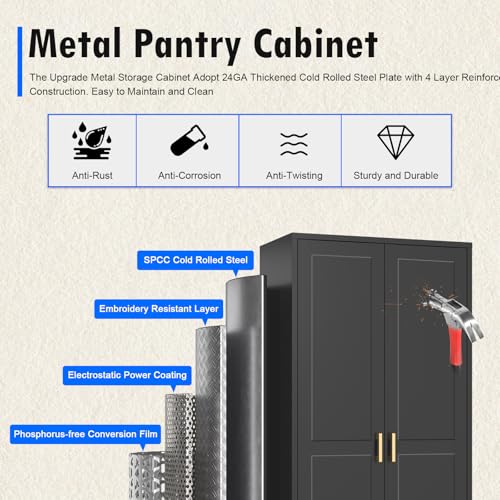 60 Inch Tall Metal Pantry Cabinet with Doors and Shelves, Black X4352