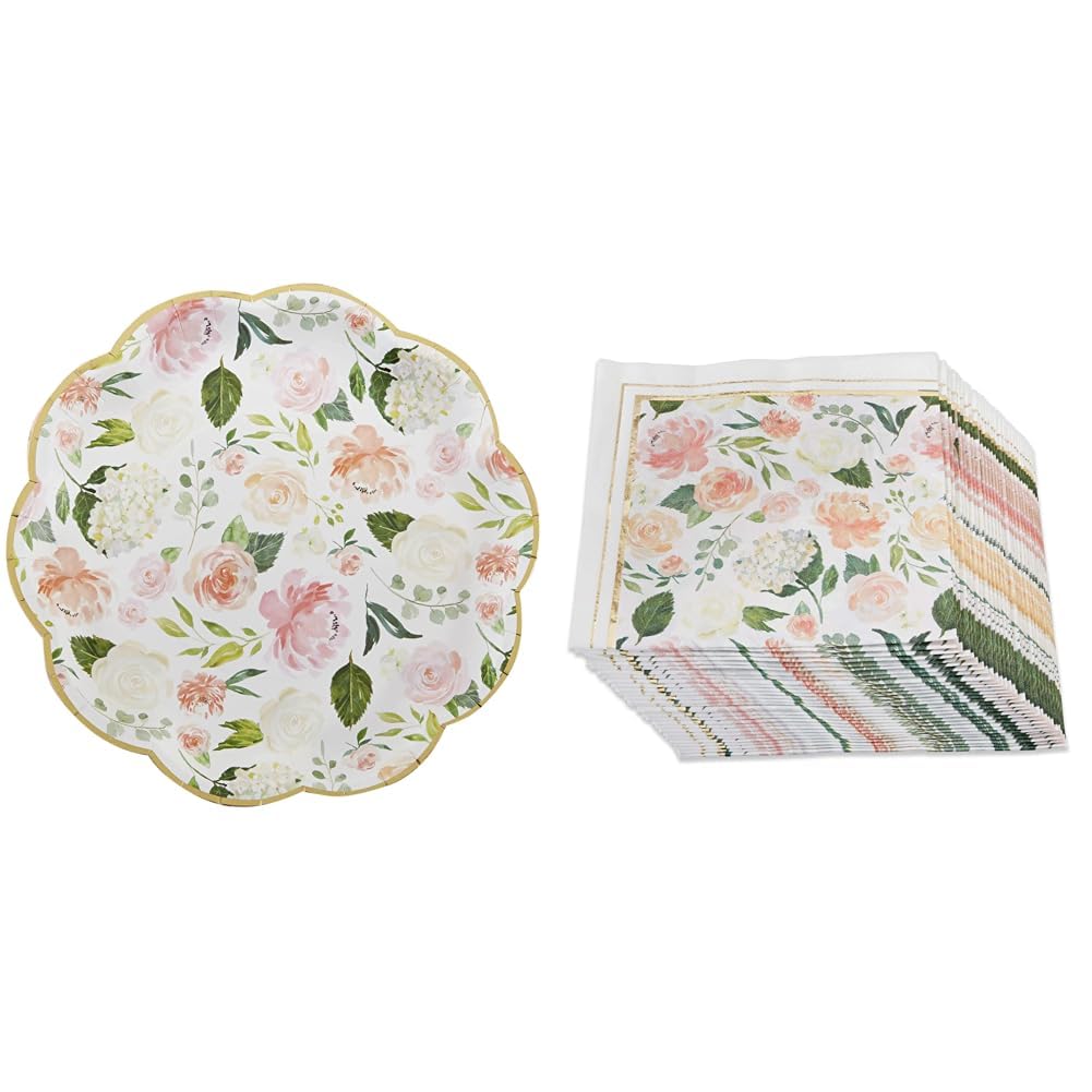 Kate Aspen Pink Floral 9 in. Premium Paper Plates (Set of 16) and Brunch Floral Paper Cocktail Napkins (Set of 30)