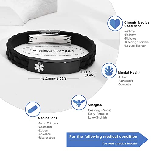 MEALGUET Personalized Medical Alert Bracelet Silicone Strap Stainless Steel ID Wristband Z91161